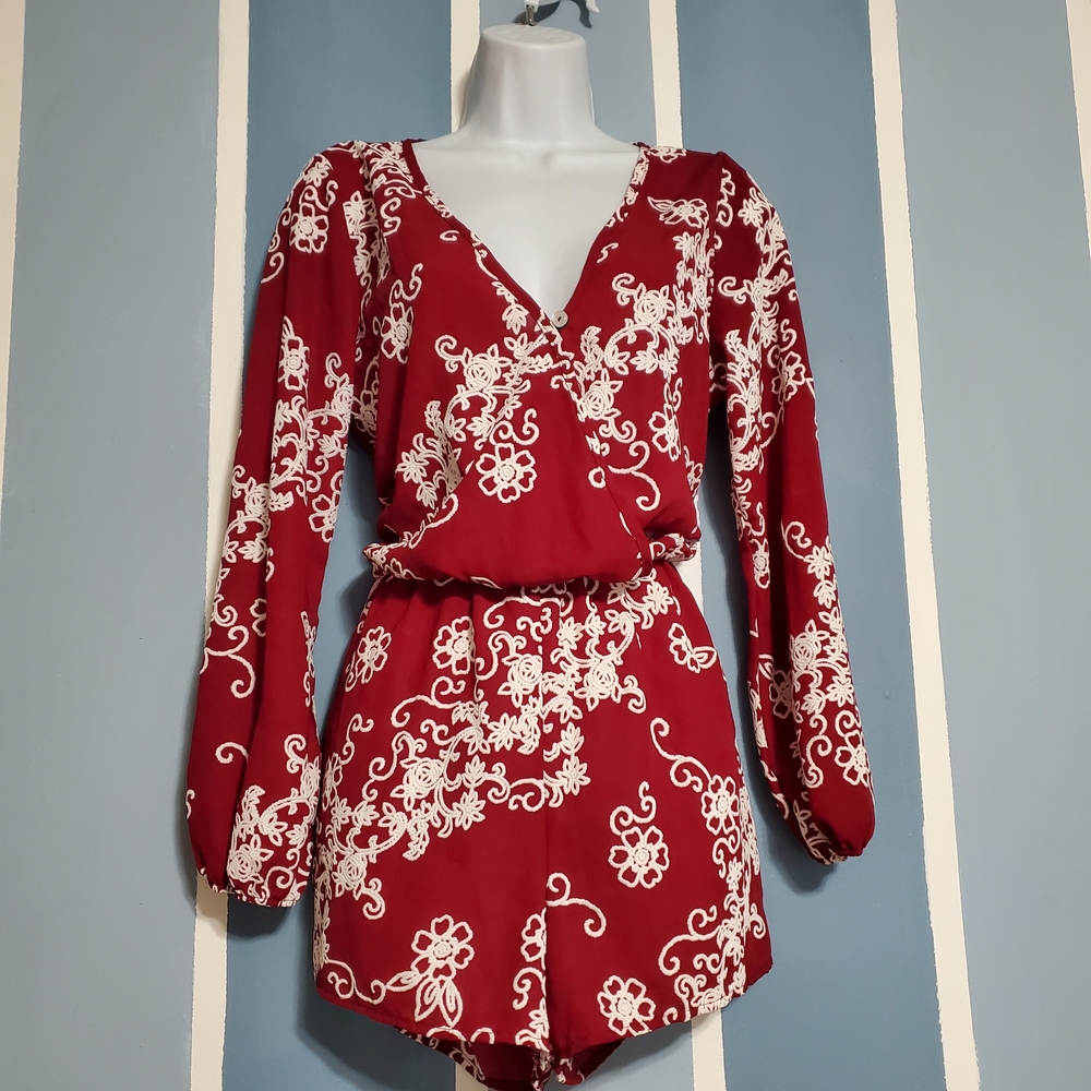 Women's Red Floral Wrap-Style Long-Sleeve Romper